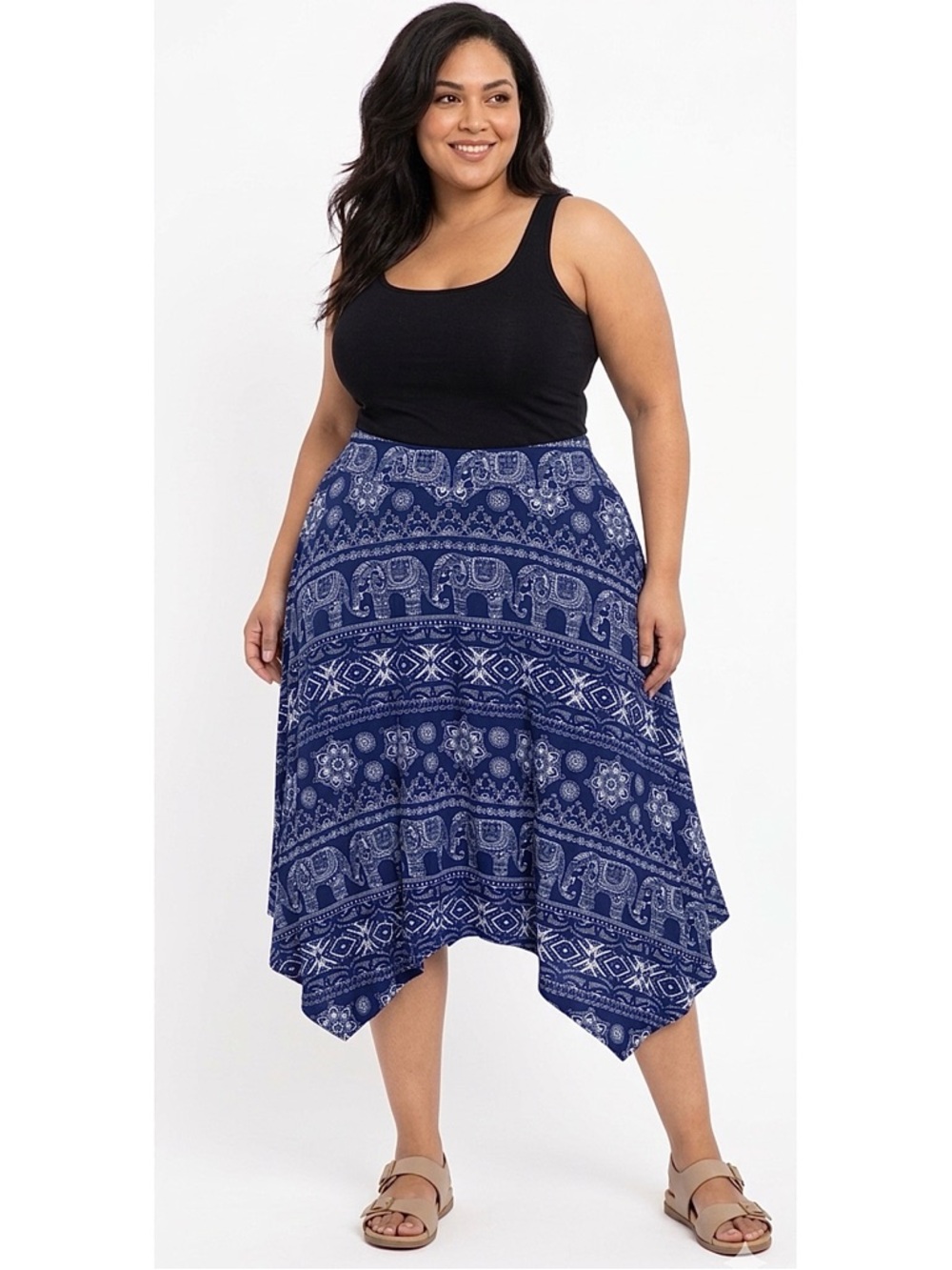 Hot Kiss Boho Thai Elephant Geometric Print Handkerchief Midi Skirt Women’s 2X